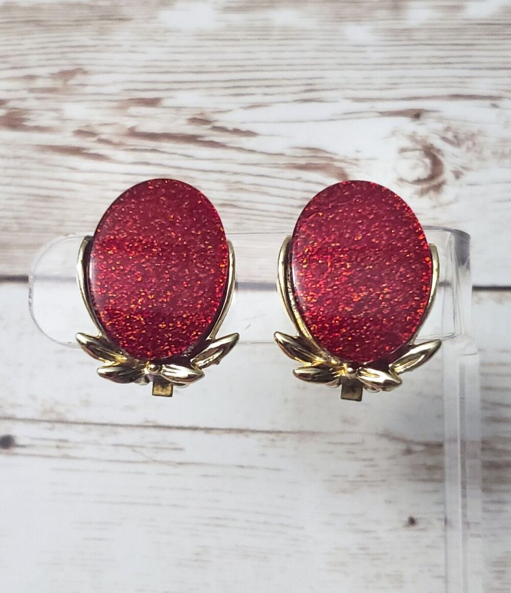Vintage Clip On Earrings - Glitter Red & Gold Tone Slightly Over 1"